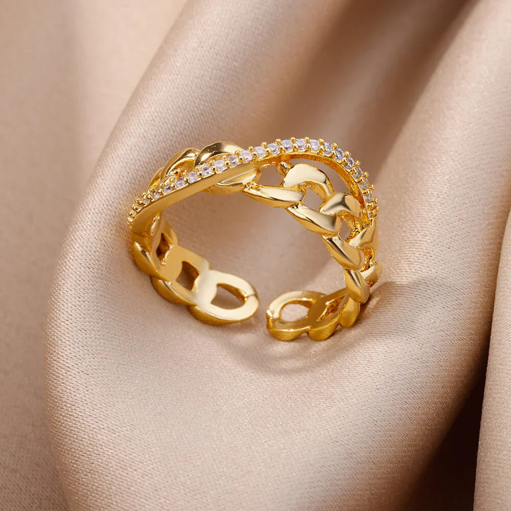 18K Gold-plated Full Diamond Titanium Steel Colorfast Open Ring For Women