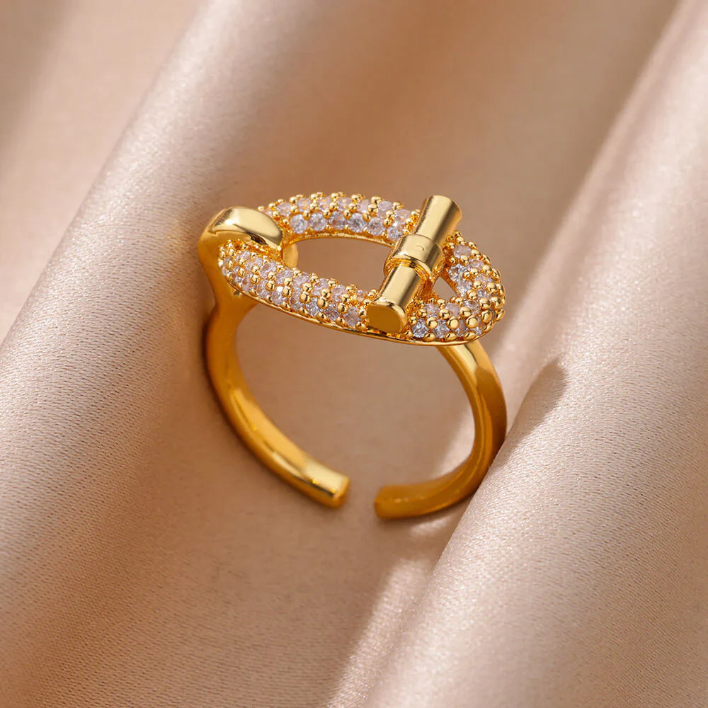 18K Gold-plated Full Diamond Titanium Steel Colorfast Open Ring For Women